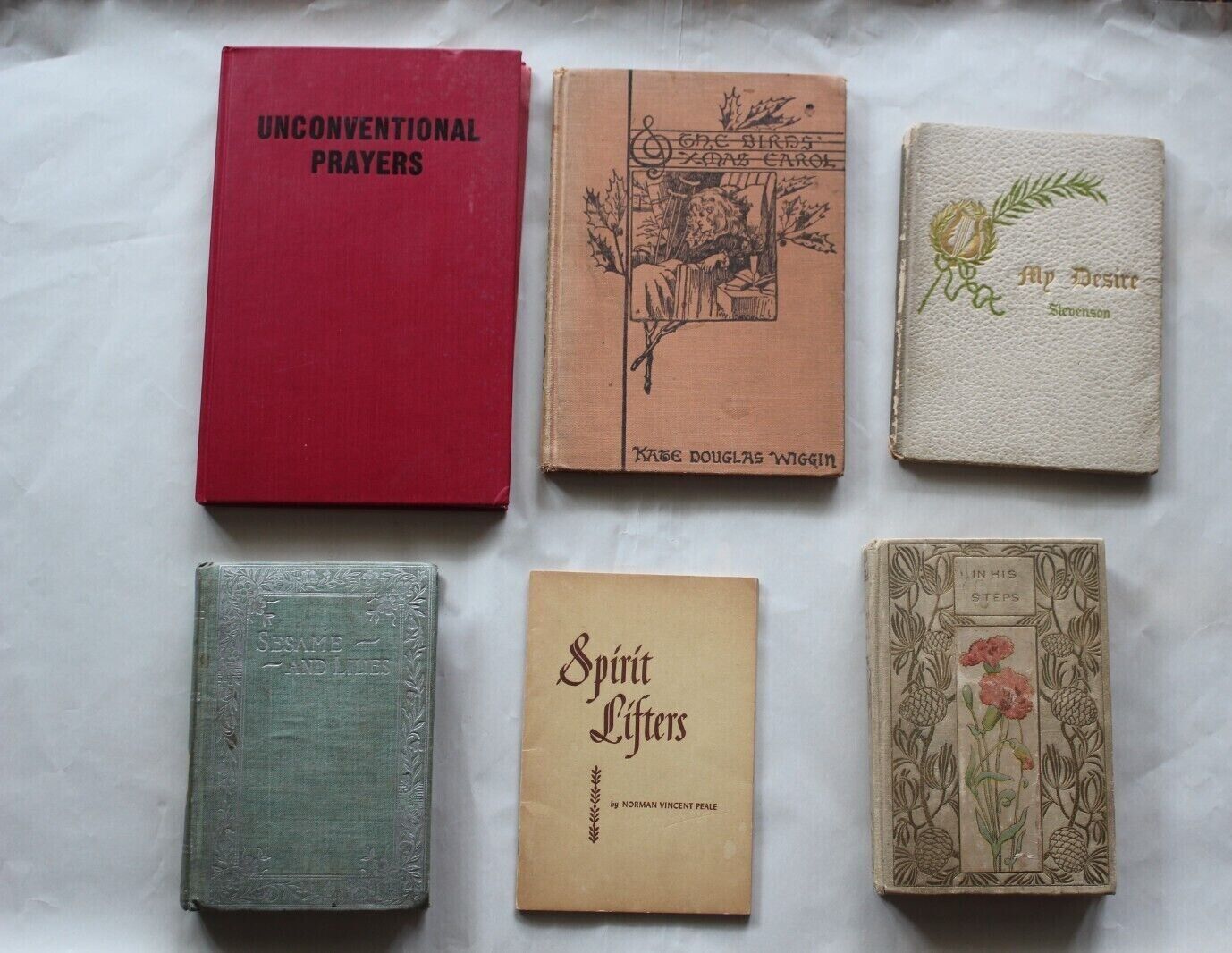 6 old Christian and Spiritual books: Peale, Ruskin, Stockdale, Sheldon,Wiggin...