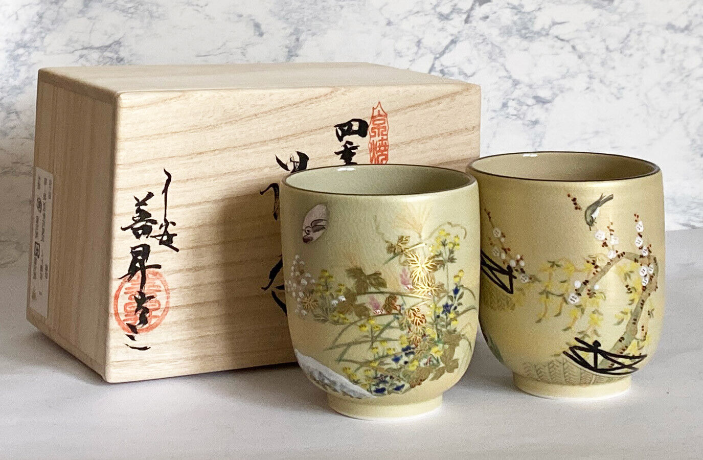 Yunomi Kyo Kiyomizu yaki porcelain Japanese tea cup set 4 season Flower Bird