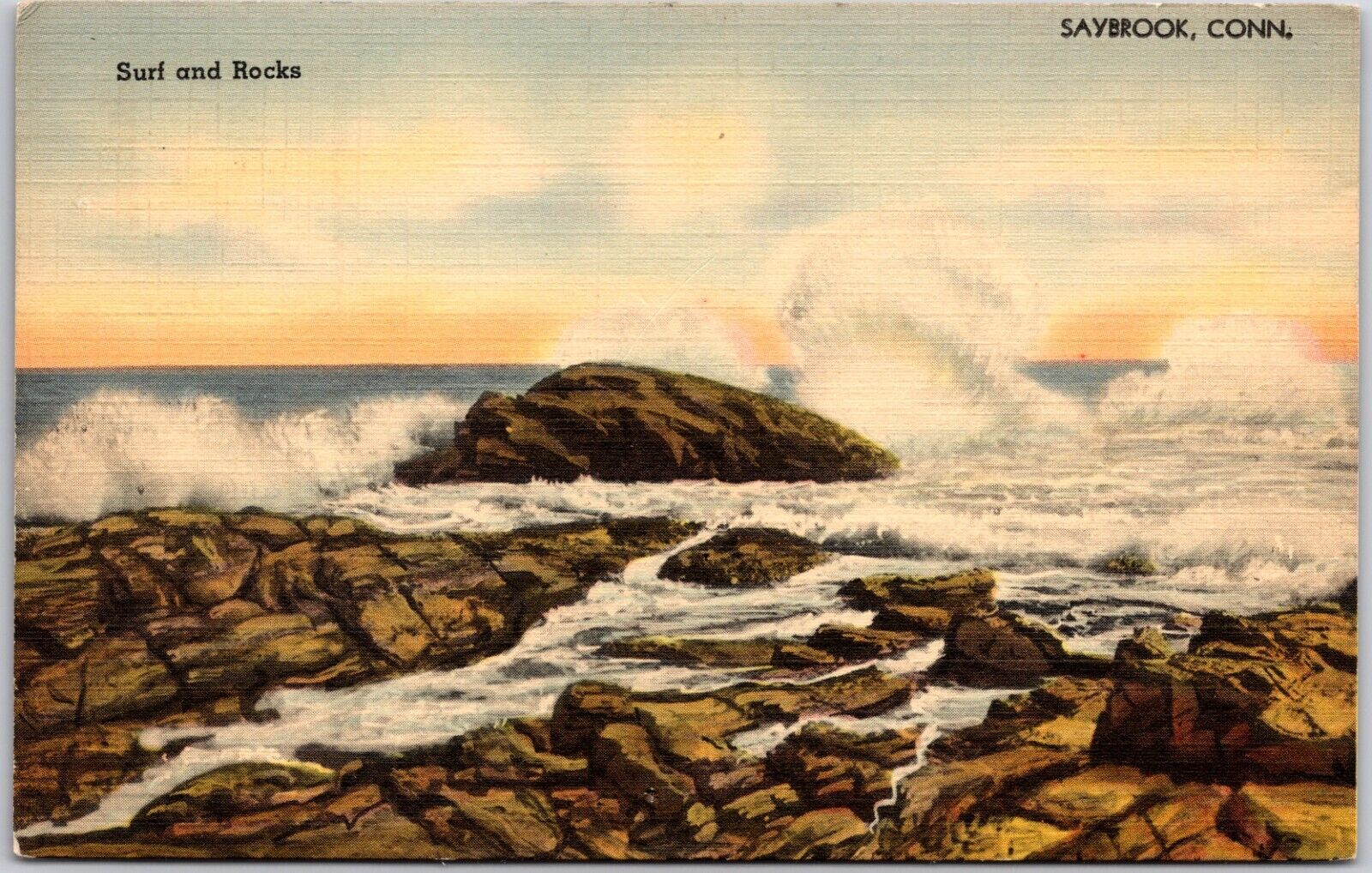 Saybrook Connecticut Surf & Rocks Linen Postcard