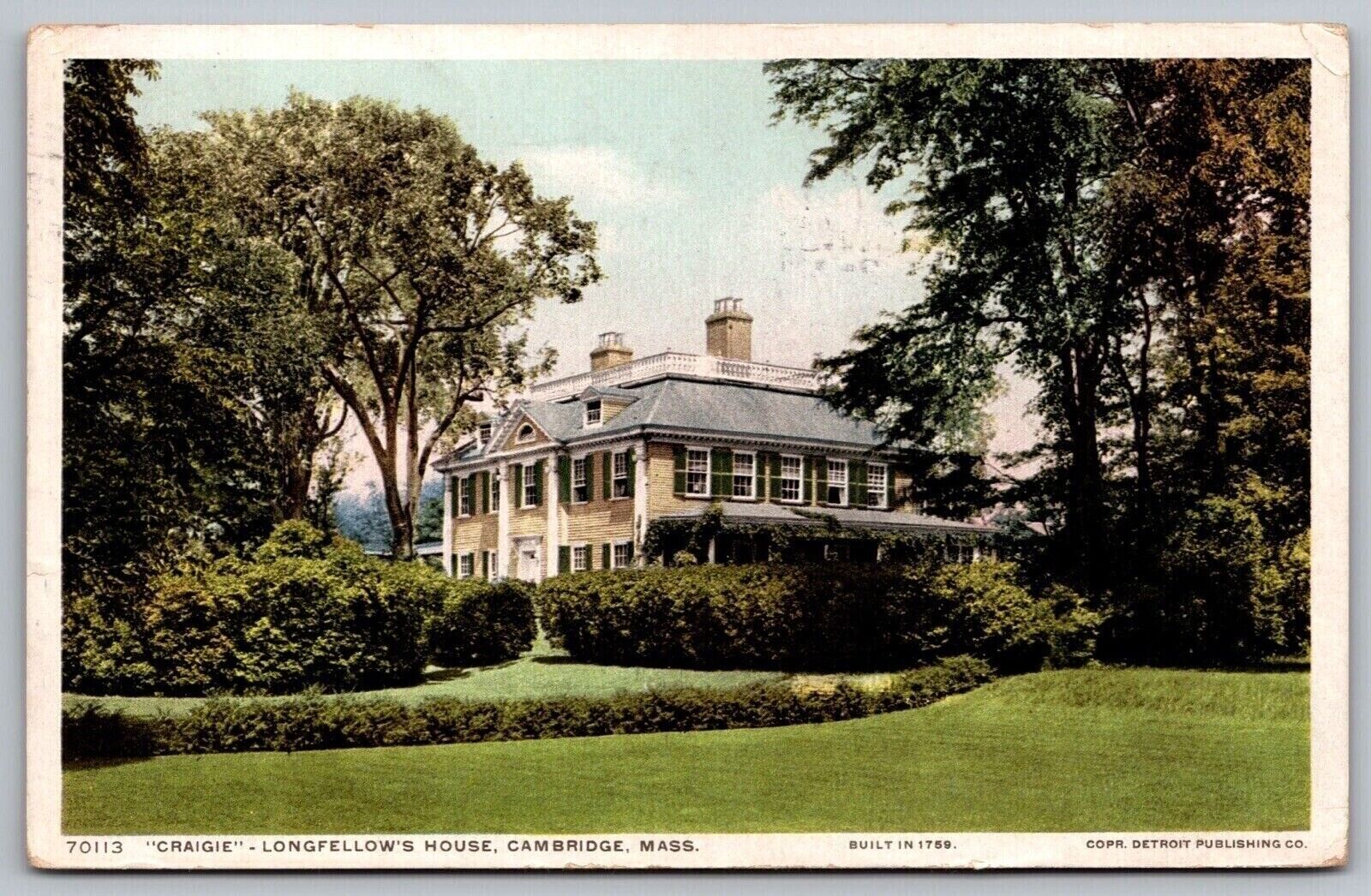Craigie Longfellow House Cambridge Massachusetts Historic Cancel 1912 Postcard