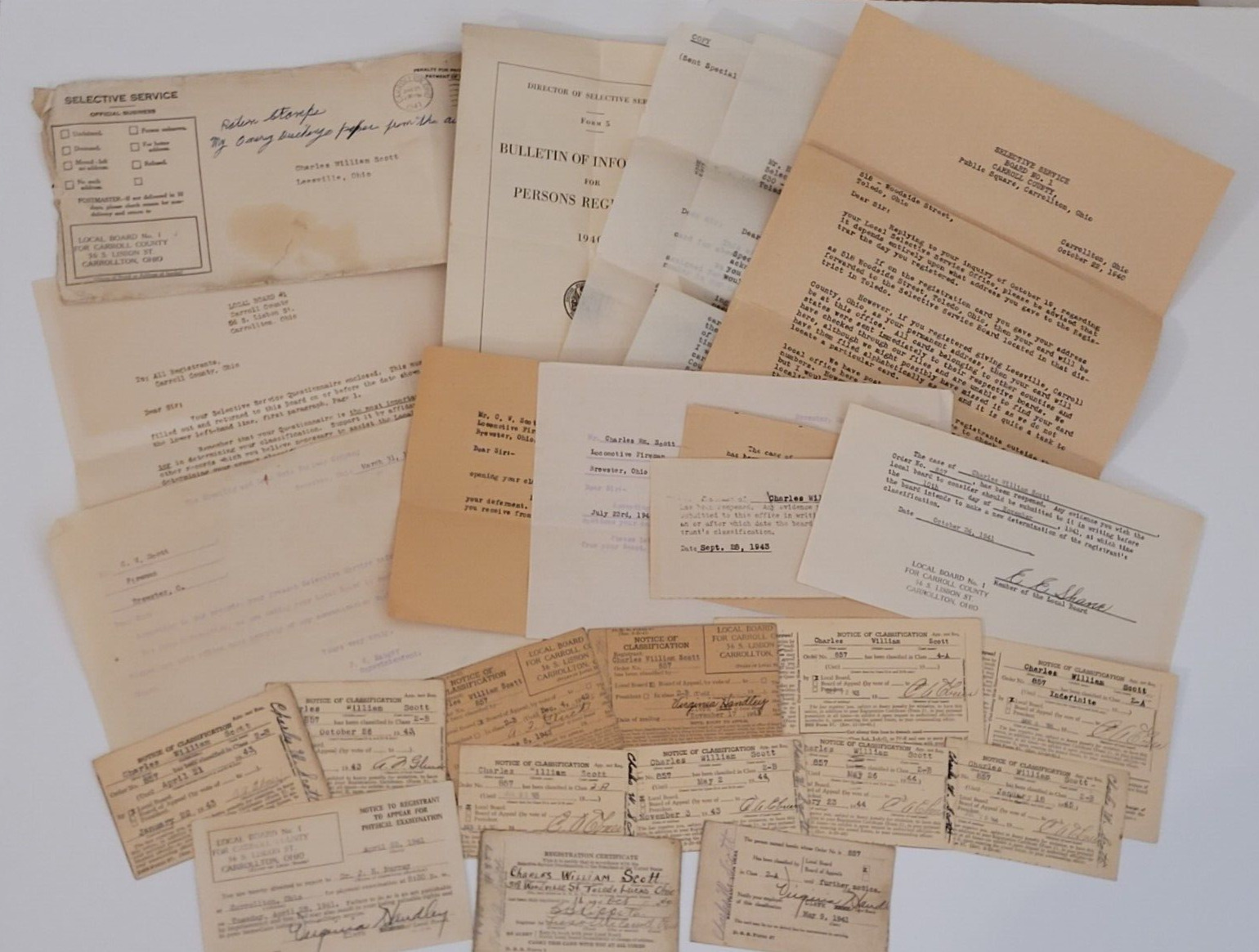 WWII Selective Service Draft Board ID, Notices, Letters Etc Carrollton, OH