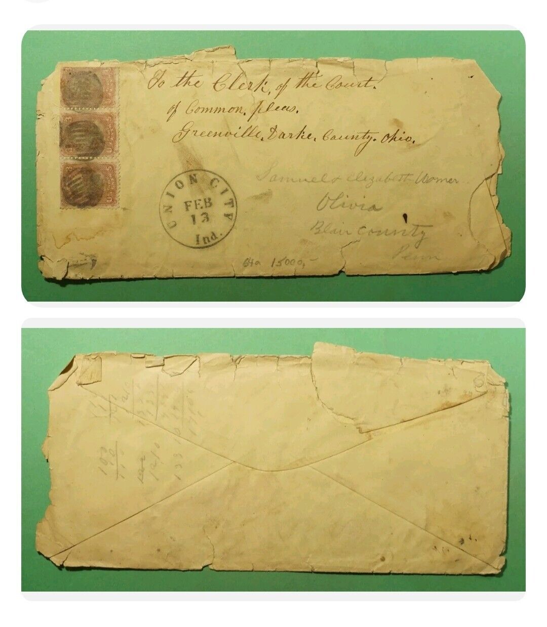  1860S CIVIL WAR UNION CITY CANCELED COVER TO GREENVILLE OH COURT CLERK..