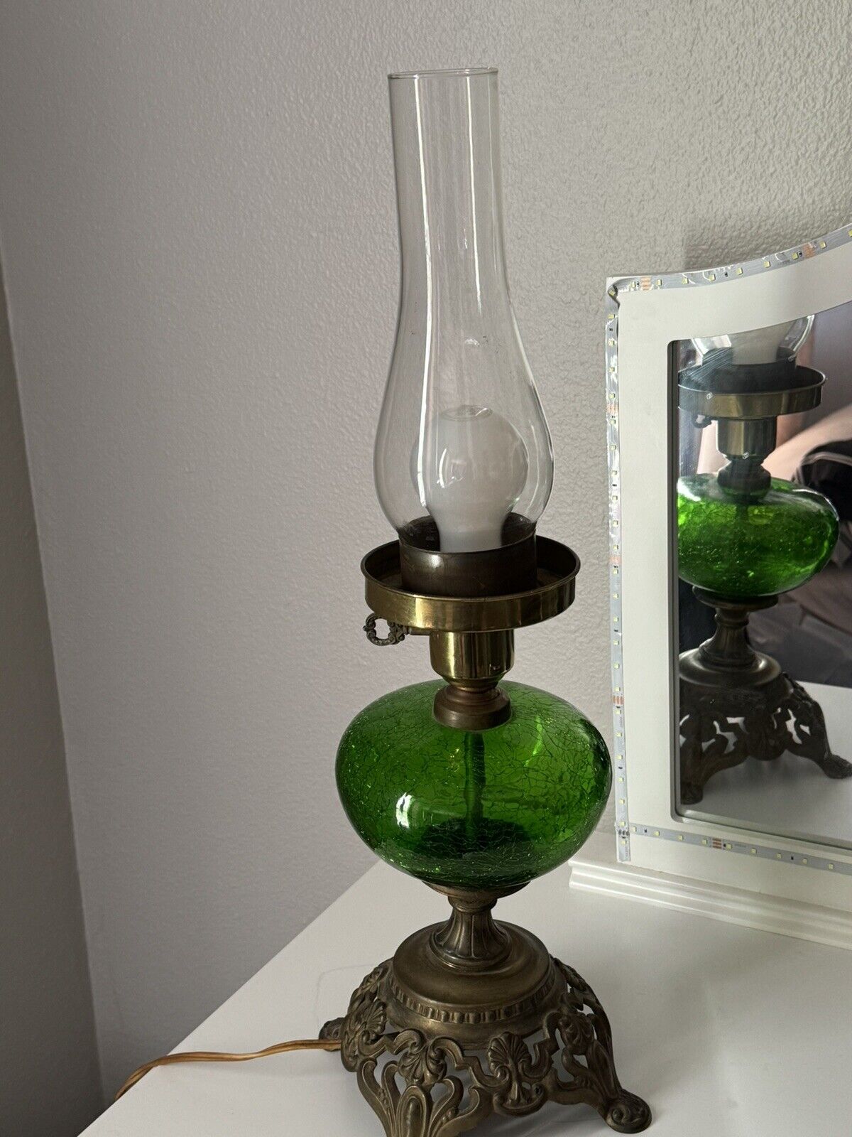 Vintage Brass Emerald Glass Lantern Electric Lamp Rare