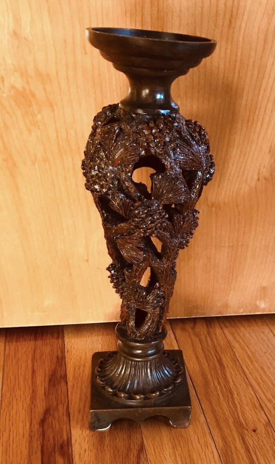 TWISTED BROWN WOODEN PINE CONE CANDLE STICK HOLDER