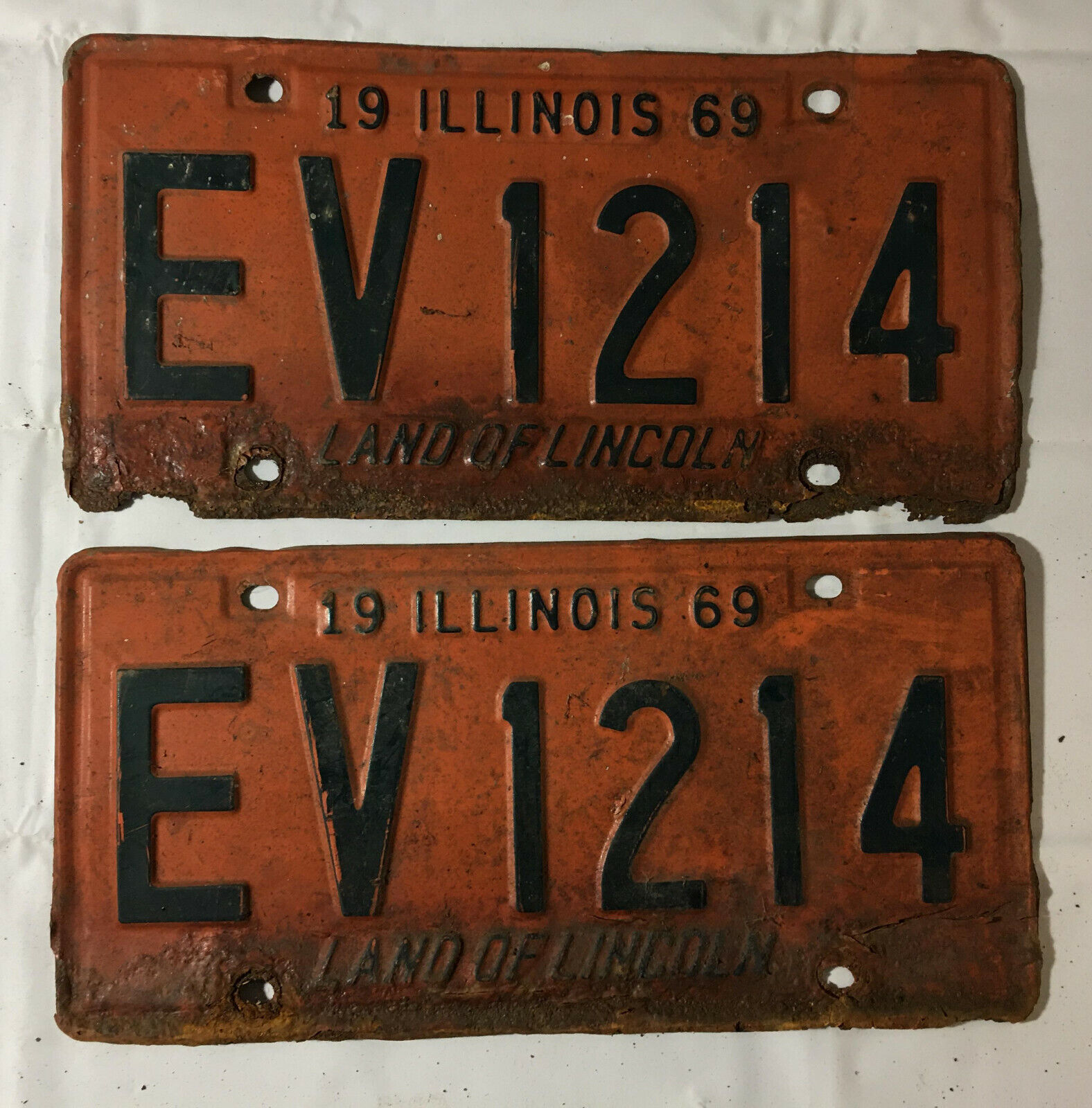 Illinois License Plate Tag Pair EV1214 vintage 1969