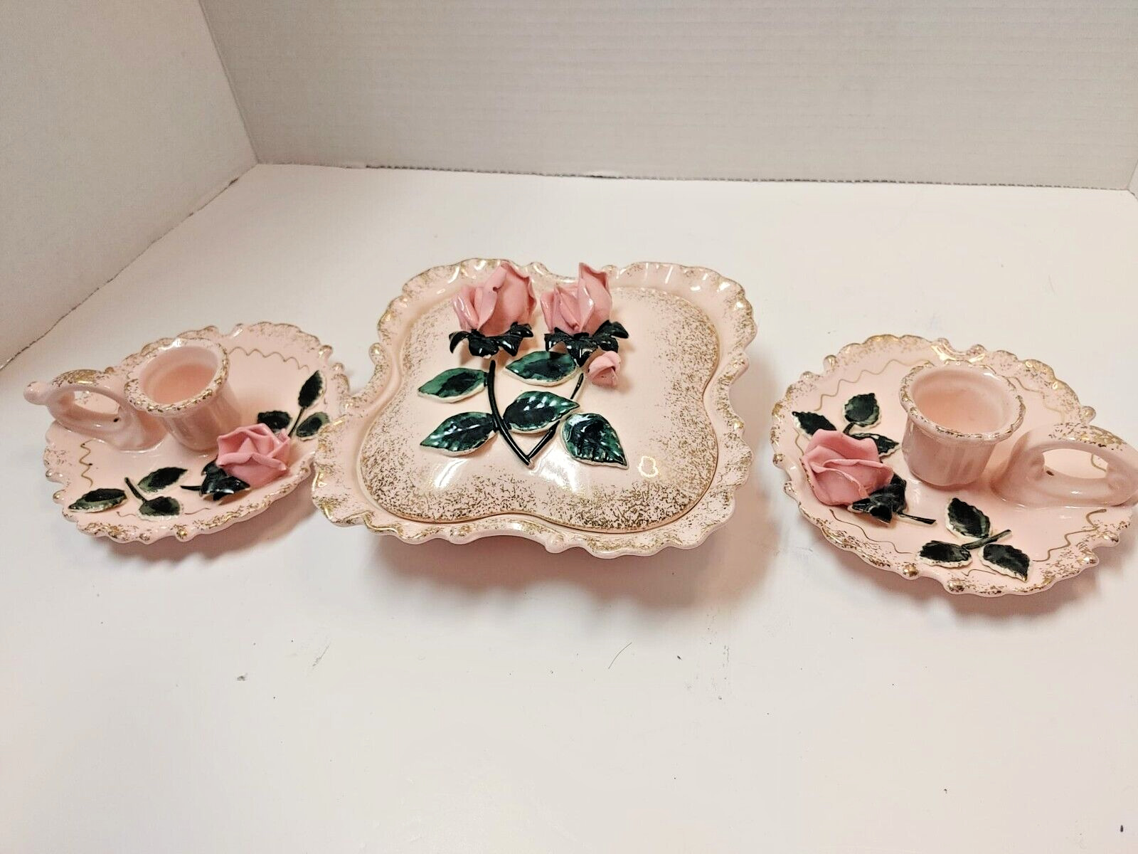 Vtg 1950s Lefton Floral Lid Trinket Dish & Candle Holders Set Pink Gold Flecking