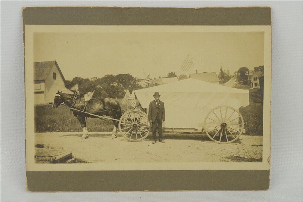 Antique Cabinet Photograph Old Man w/ Patriotic Horse Drawn Cart 