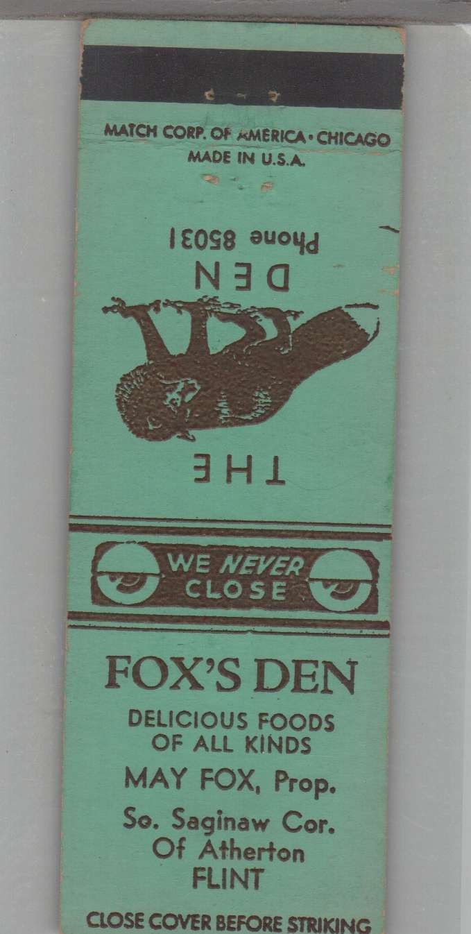 Matchbook Cover - Fox - Fox's Den Restaurant Flint, MI