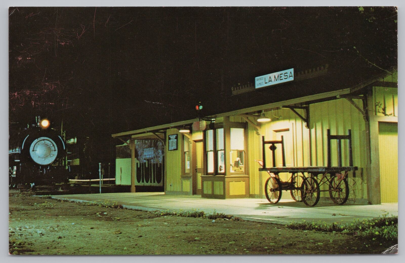 Transportation~La Mesa California~La Mesa Railroad Depot @ Night~1950s Postcard