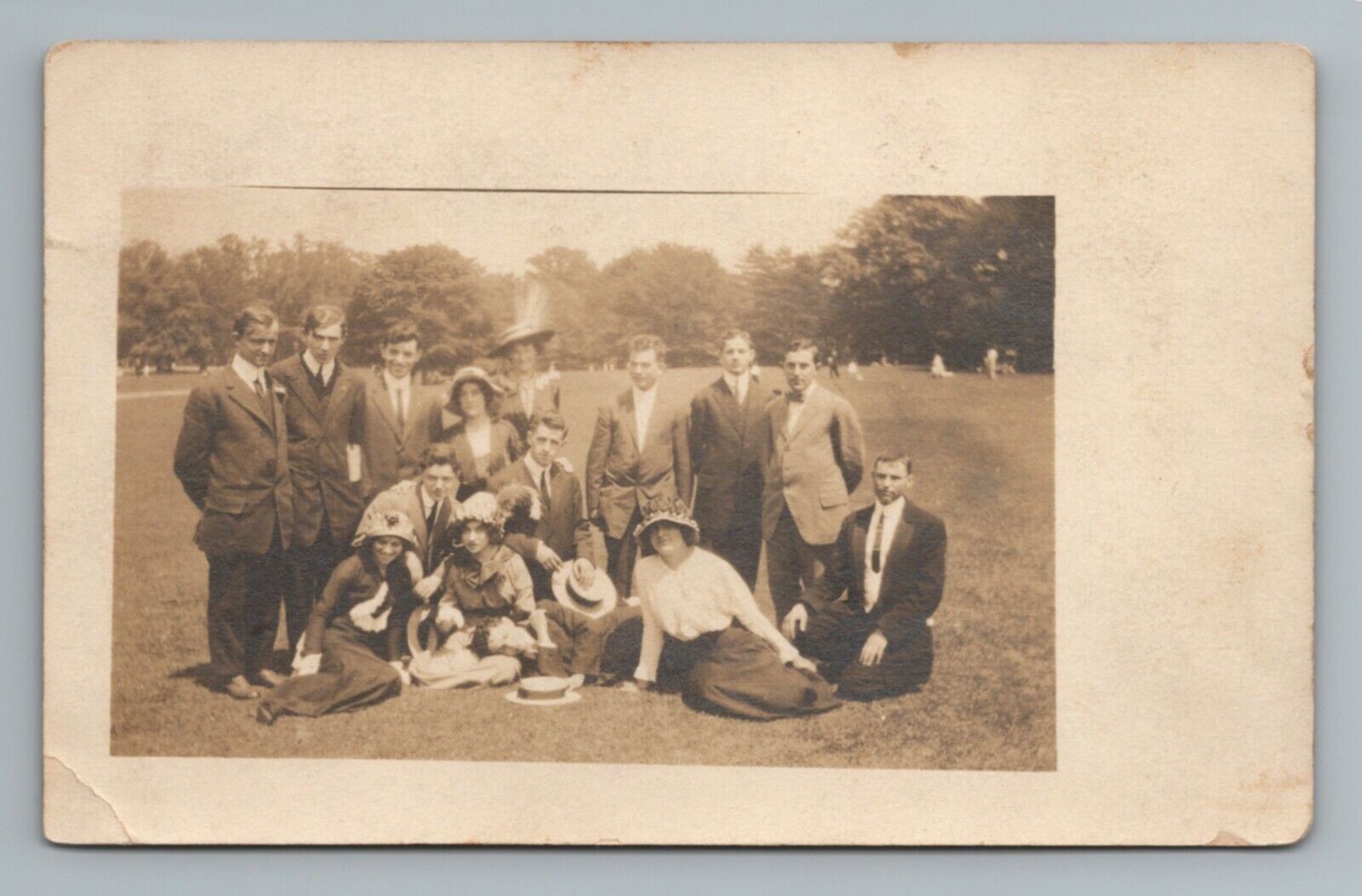 Men Women Family in Park Group c1910s 1920s RPPC Real Photo Vintage Postcard