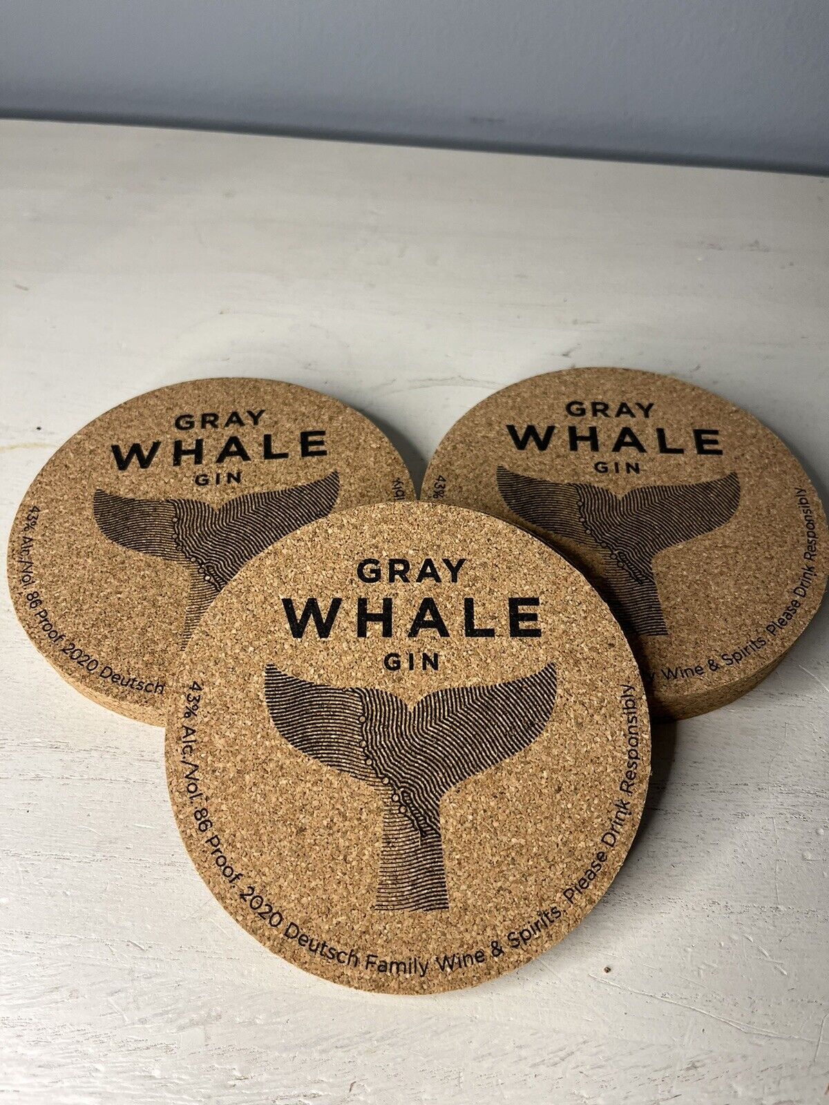 Gray Whale Gin  Cork coasters. (set of 12)  4 Inch mancave barware 2 sided new
