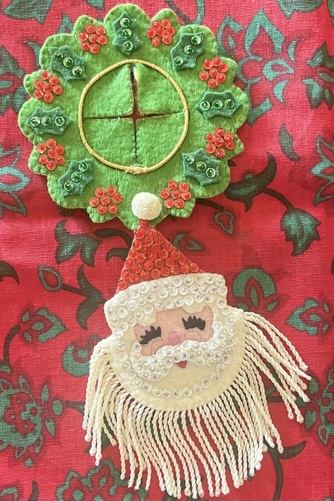 Rare Vintage 1960s Bucilla Felt Sequin Santa Hanging Door Knob Ornament