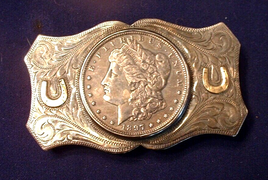 Vintage Soulages Sterling & 10Kt Gold Western Belt Buckle W/ 1897S Morgan Dollar