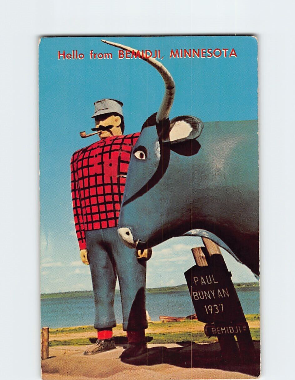 Postcard Paul Bunyan And Babe Hello from Bemidji Minnesota USA