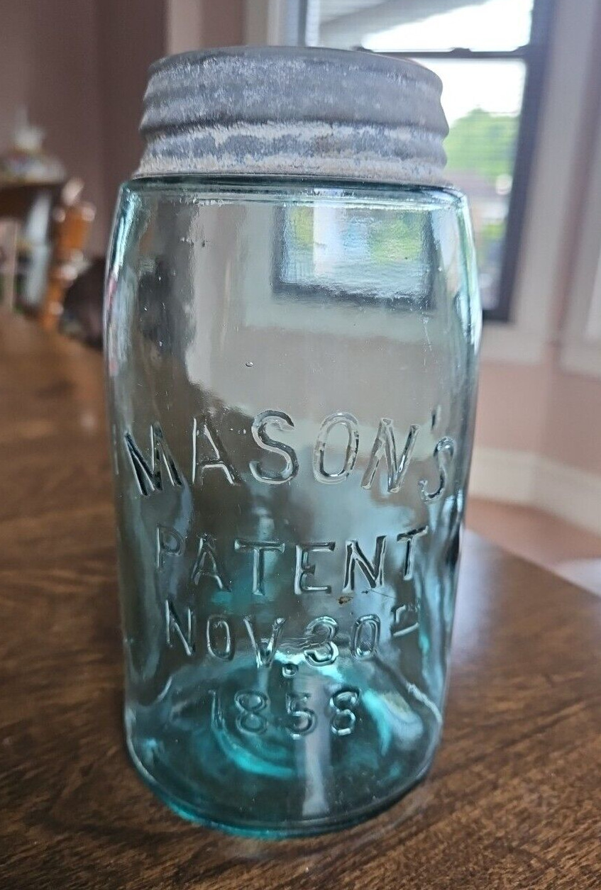 Mason's Jar Early Antique Aqua Blue Patent Nov 30th 1858 with Zinc Lid