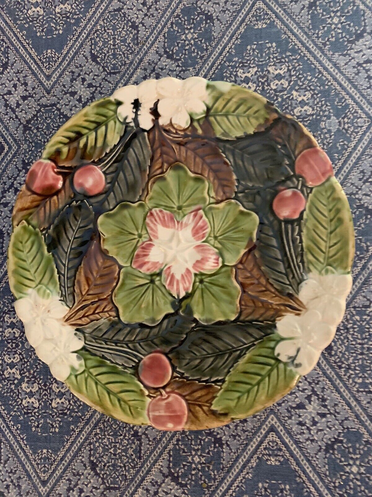 vintage French majolica, art pottery plate, this lovely plate in high relief 