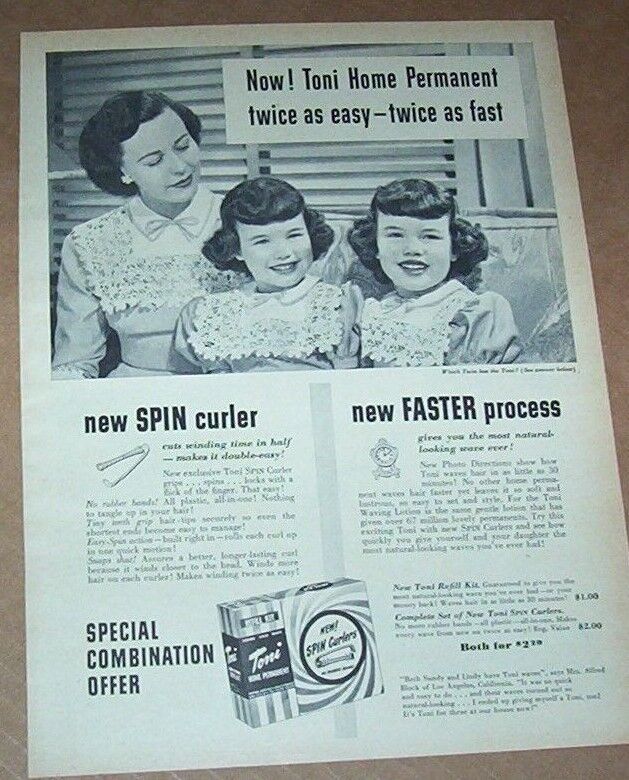 1949 print ad page -Toni perm hair Little girls Sandy Lindy BLOCK Los Angeles CA
