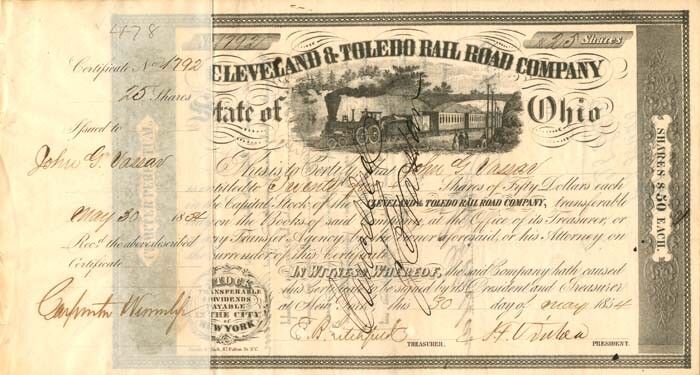 John G. Vassar - Cleveland and Toledo Rail Road - Stock Certificate - Autographe