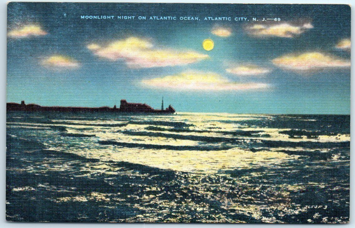 Postcard - Moonlight Night on Atlantic Ocean, Atlantic City, New Jersey