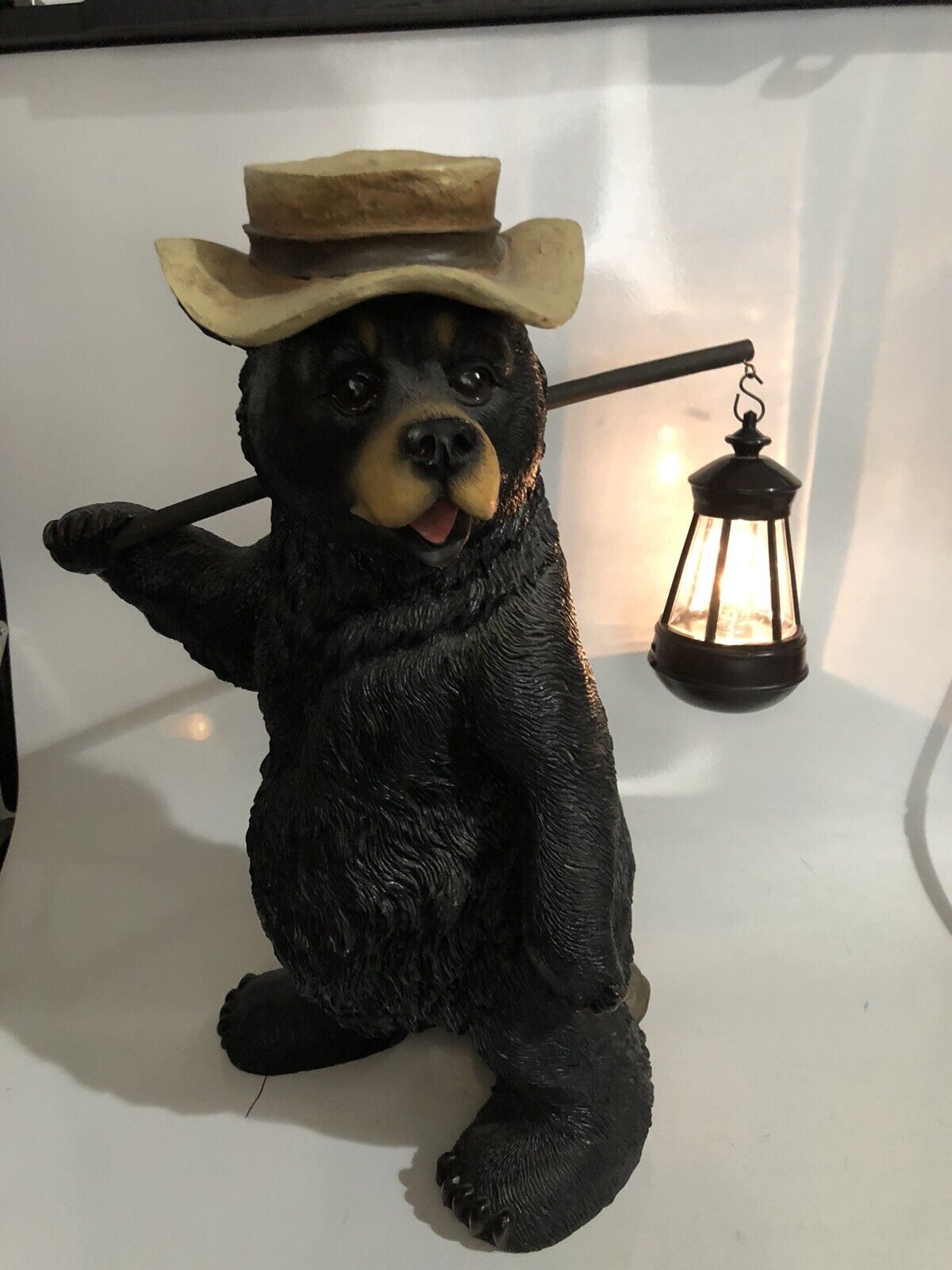 large black bear figurine statue floppy hat battery operated lantern  8x16\