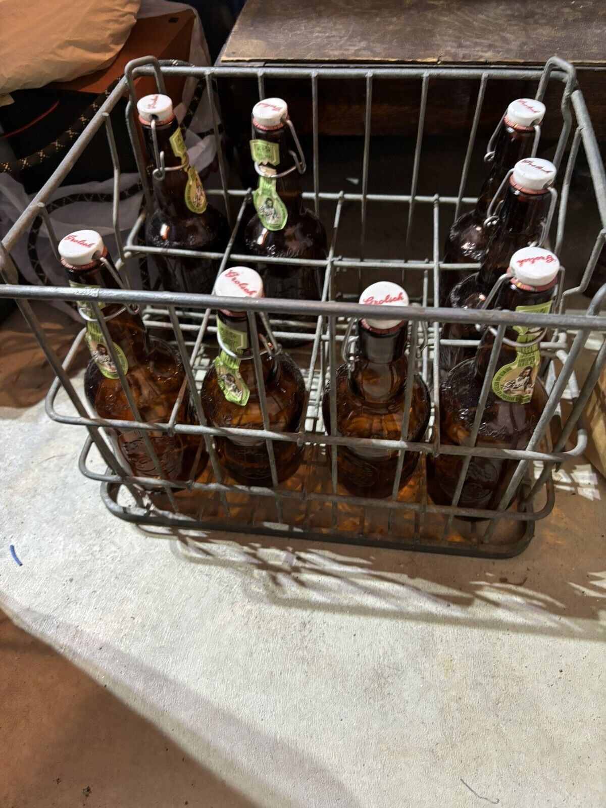 Vintage 8 Grolsch Brown Glass Beer Flip Top Bottles Plus Metal Crate Rare