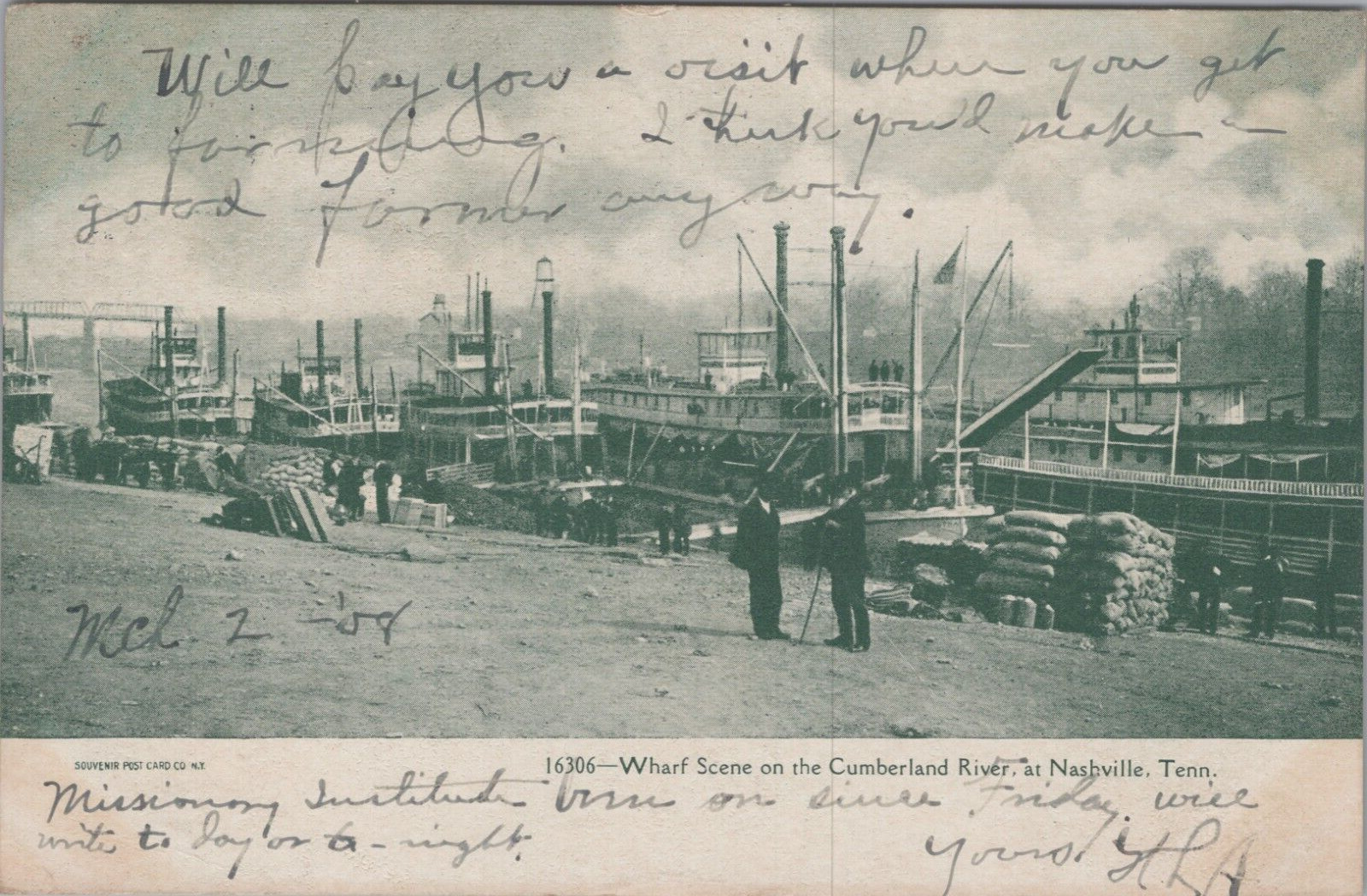 Nashville Tennessee Wharf Scene Boats Meen Cargo 1908 Postcard 7304.5