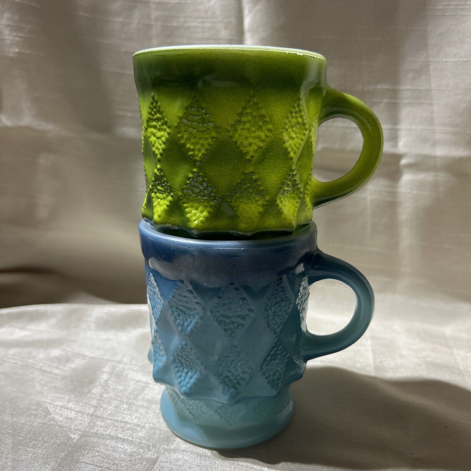 Set 2 Vintage Fire King Kimberly~Coffee Mugs Anchor Hocking Green & Blue Ombre
