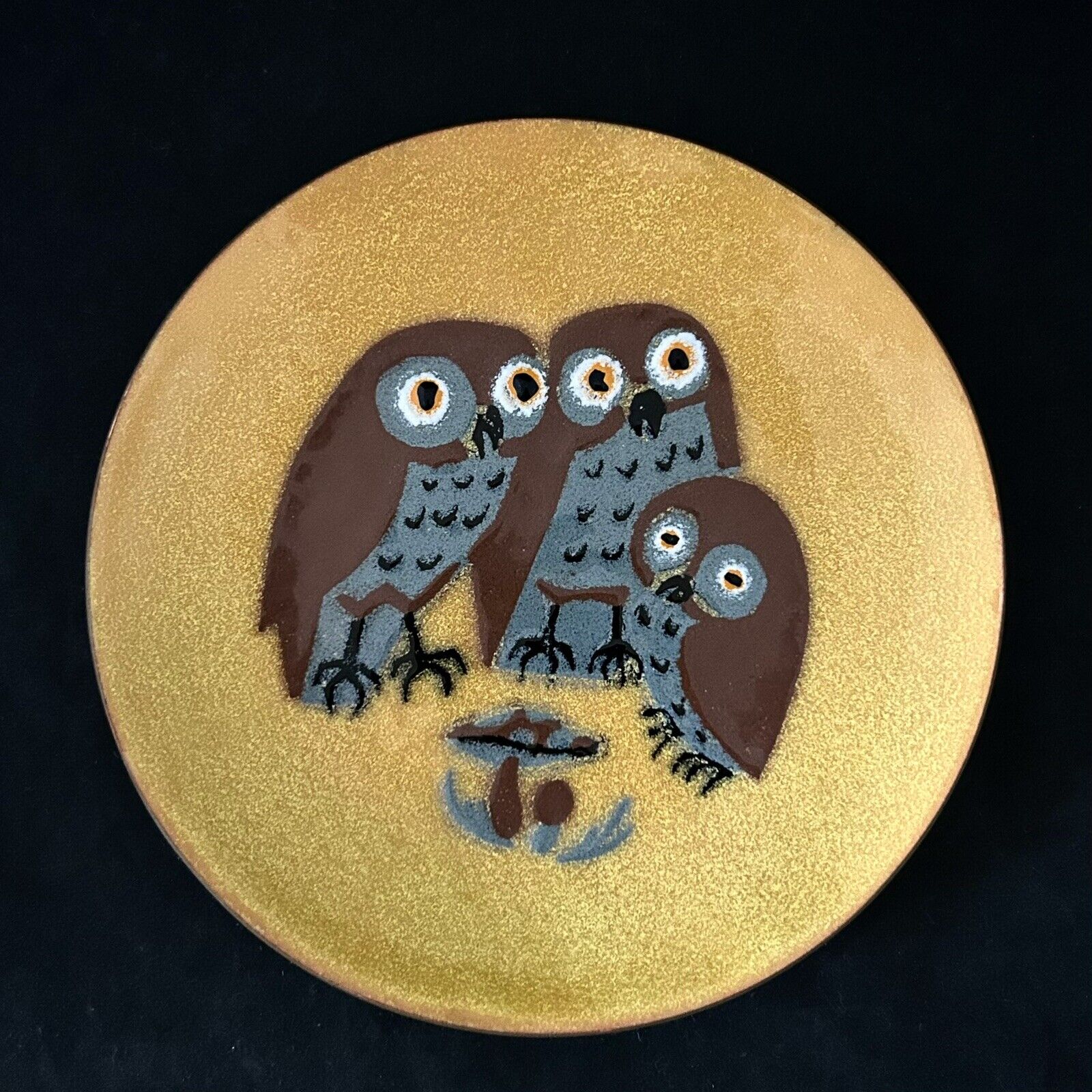 Vtg MCM Annemarie Davidson Enamel On Copper Plate Owl Family & Mushrooms 6\