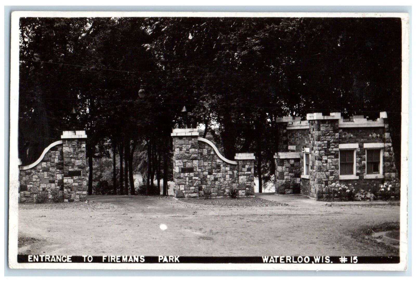 1945 Entrance Firemans Park Building Waterloo Wisconsin WI RPPC Photo Postcard