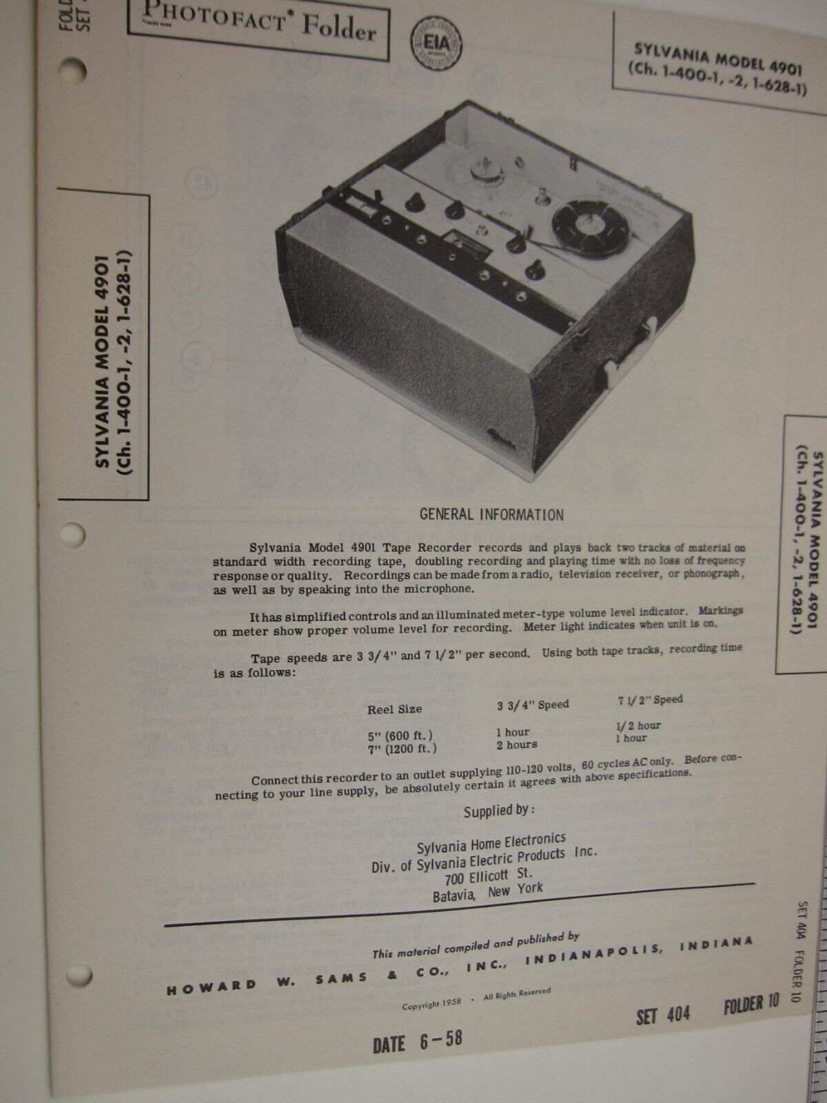SF 1950\'s Sams Photofact  SYLVANIA Model  4901 (Ch. 1-400-1, -2, 1-628-1)  BIS