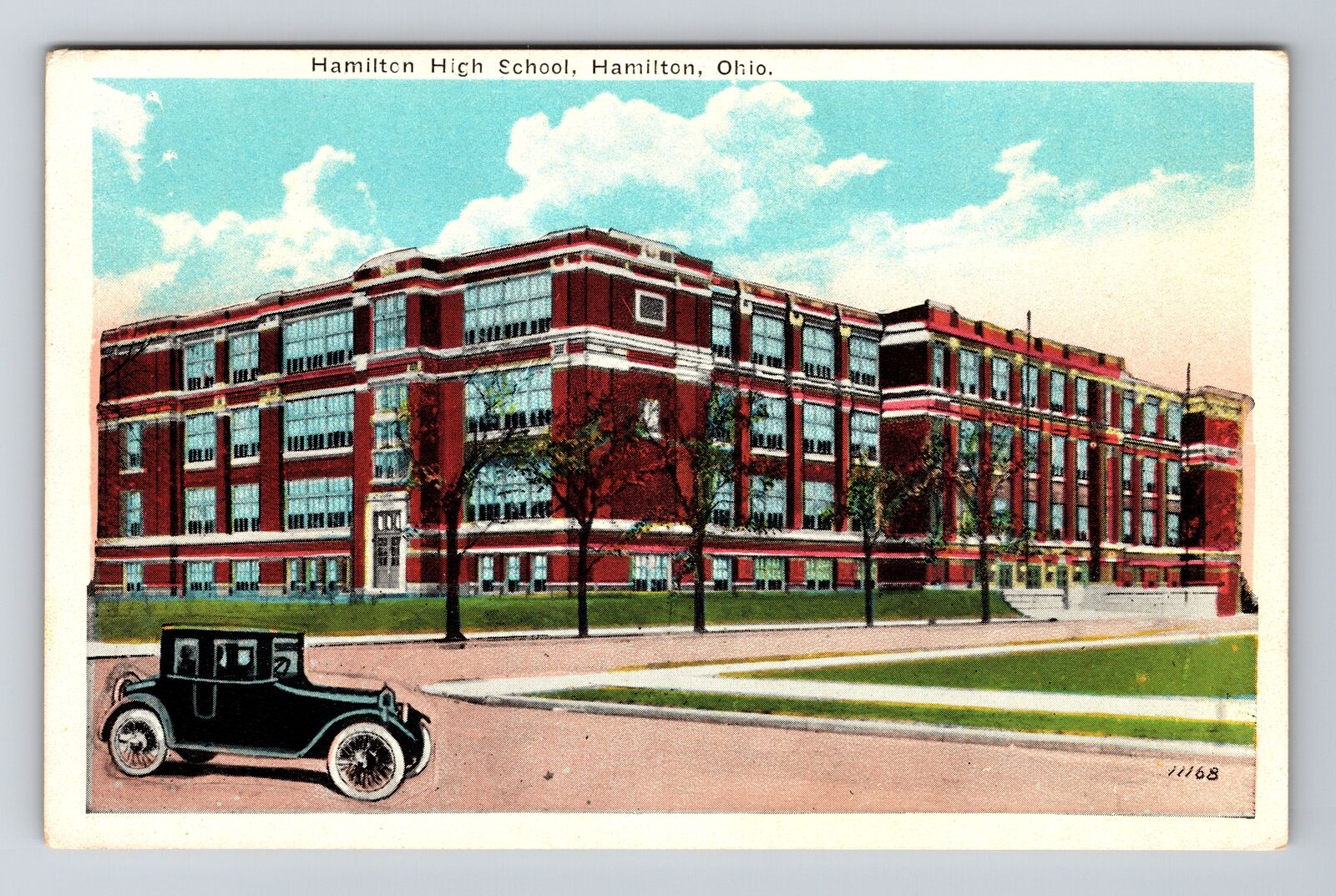 Hamilton OH-Ohio, High School Building, Old Car Driving by, Vintage Postcard