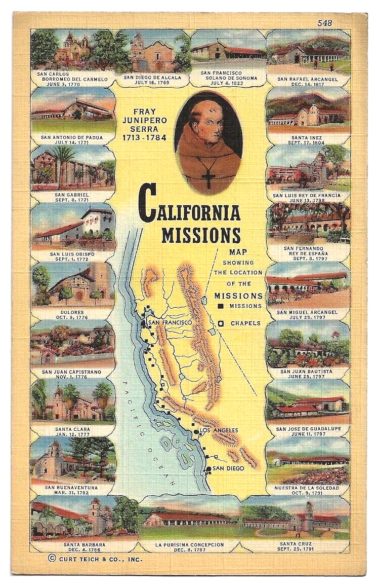 California Missions Map c1940\'s Catholic Mission Churches, Fray Junipero Serra