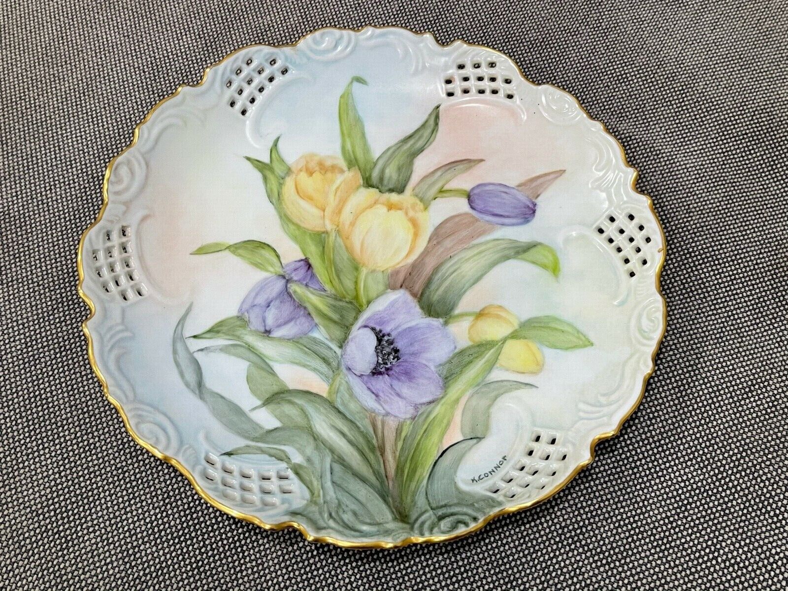 Antique Pierced Porcelain Cabinet Plate w Purple Yellow Flowers Signed K. Connor