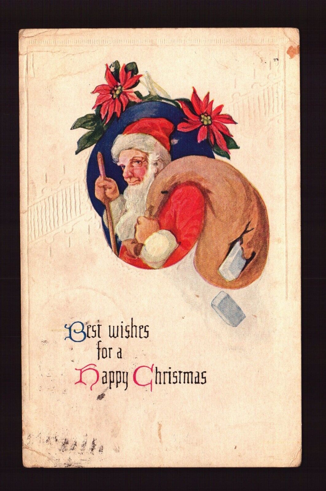 POSTCARD : VINTAGE CHRISTMAS - SANTA CLAUS WITH HOLE IN BAG 1924 EMBOSSED