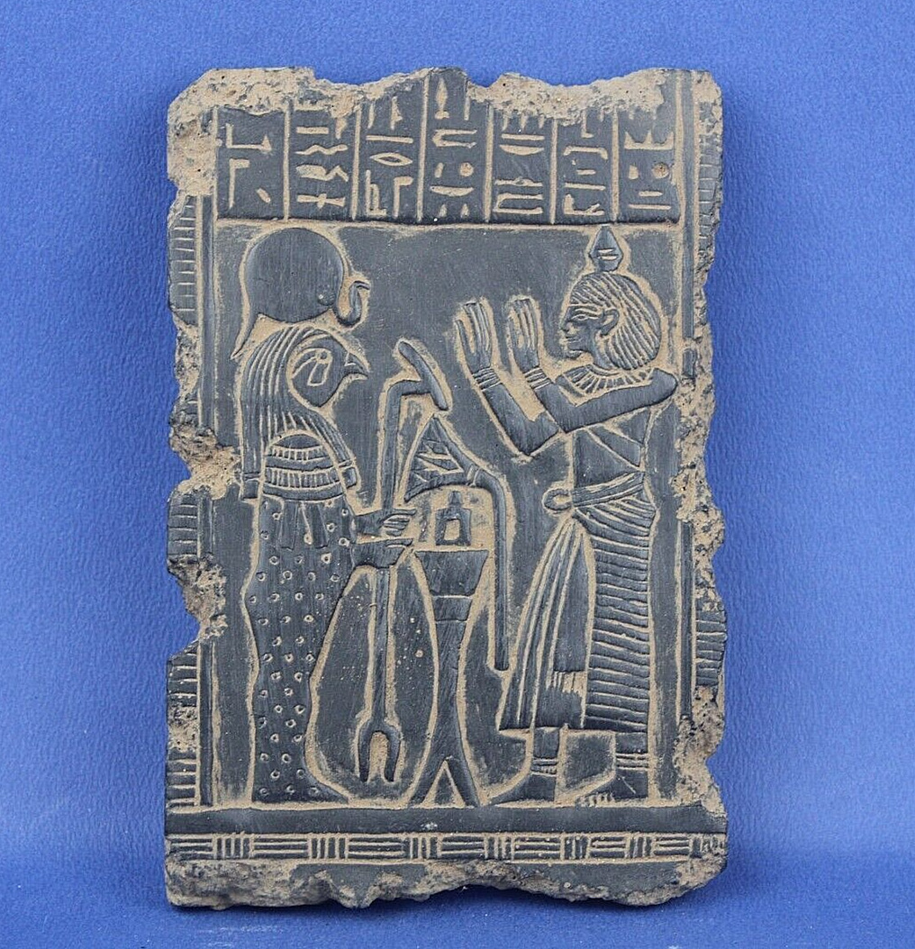 Unique Ancient Egyptian Horus with Queen Nefertiti in Temple Stella Stela
