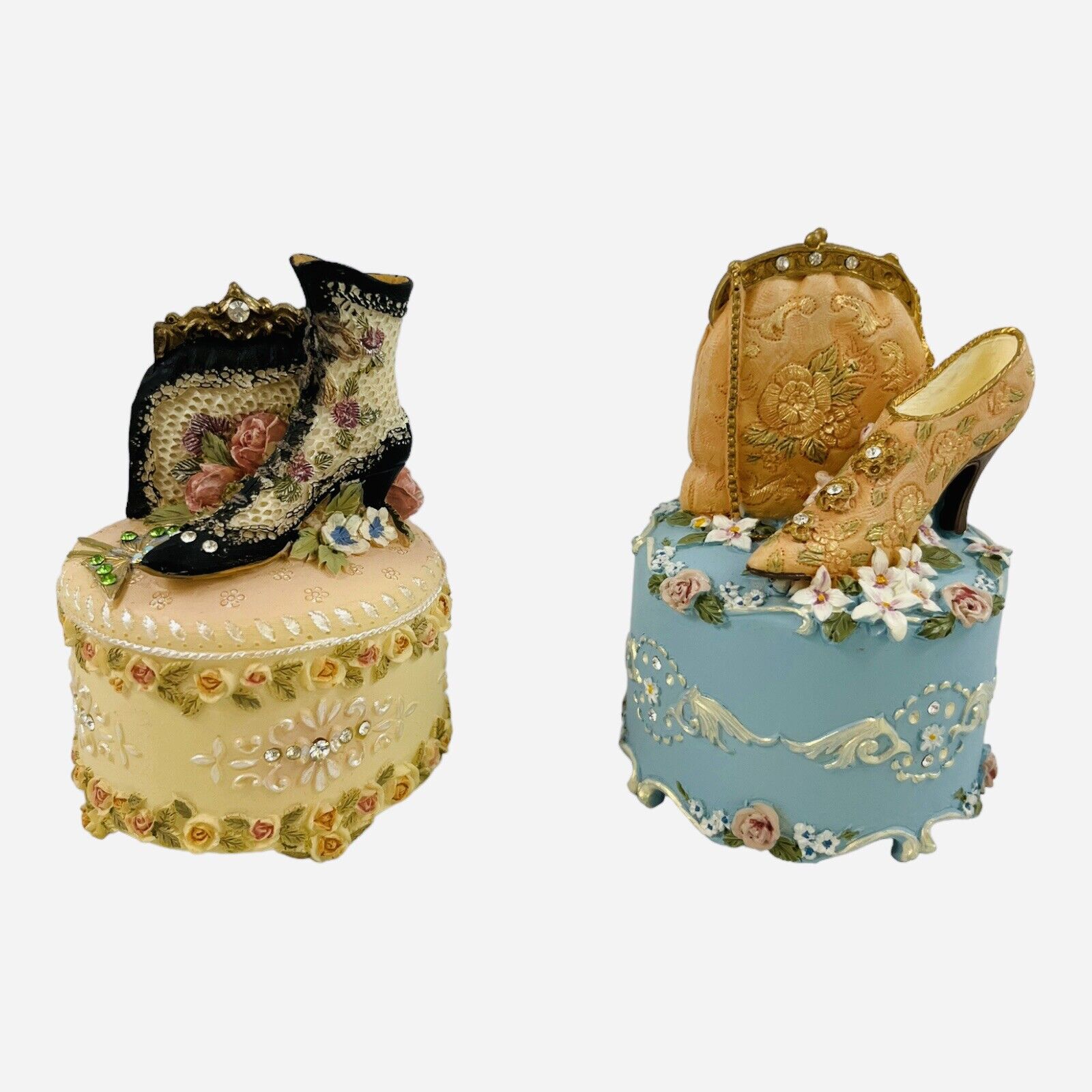 Antique Shoe Purse Cake Music Box Tea For Two Pink Blue Floral Rose Lot Set Of 2