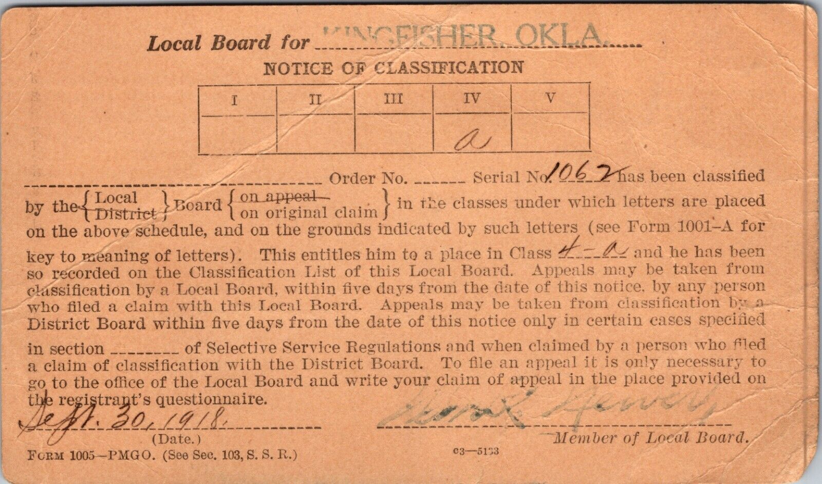 1918 Notice of Classification, Kingfisher Oklahoma - Postcard