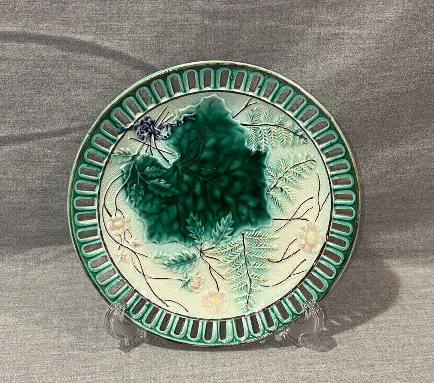 SALE Antique Majolica Reticulated Ferns & Floral Plate c.1800's RARE