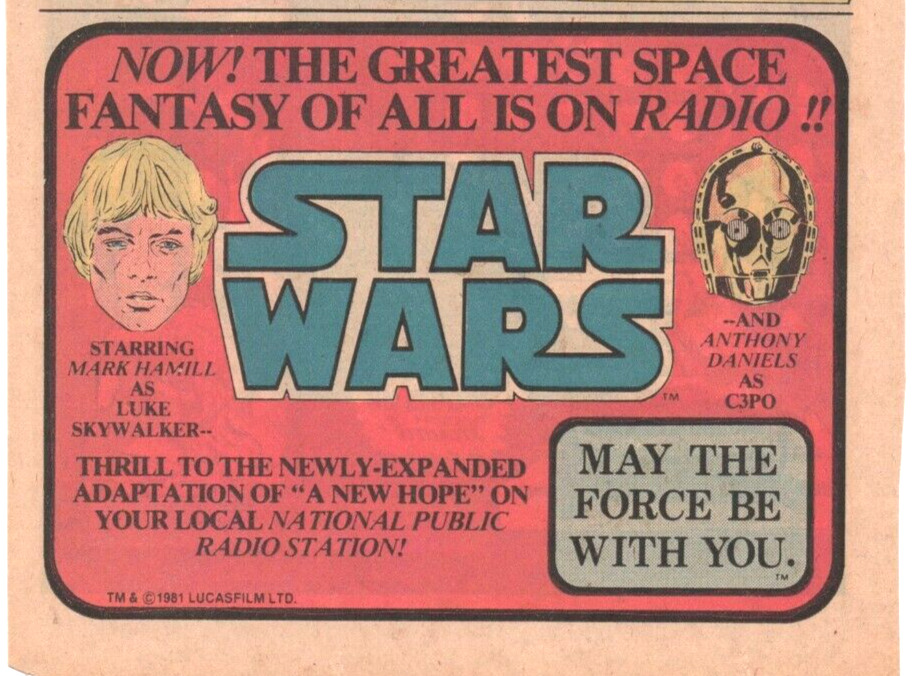 1981 STAR WARS NPR RADIO SHOW SMALL PRINT AD ART - NEWLY EXPANDED A NEW HOPE