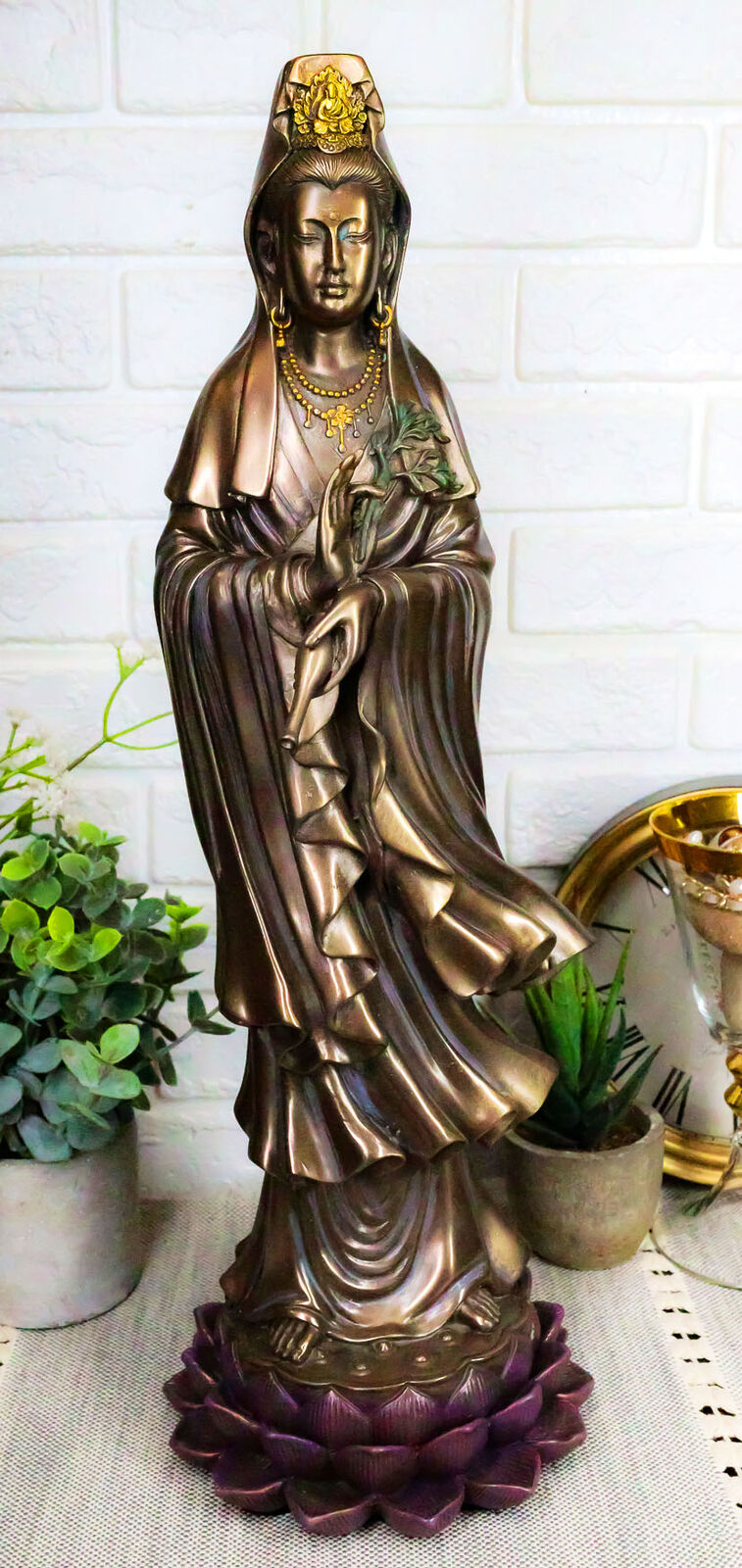 Ebros Bodhisattva Kuan Yin In Vitarka Mudra Standing On Lotus Flower Statue 16\