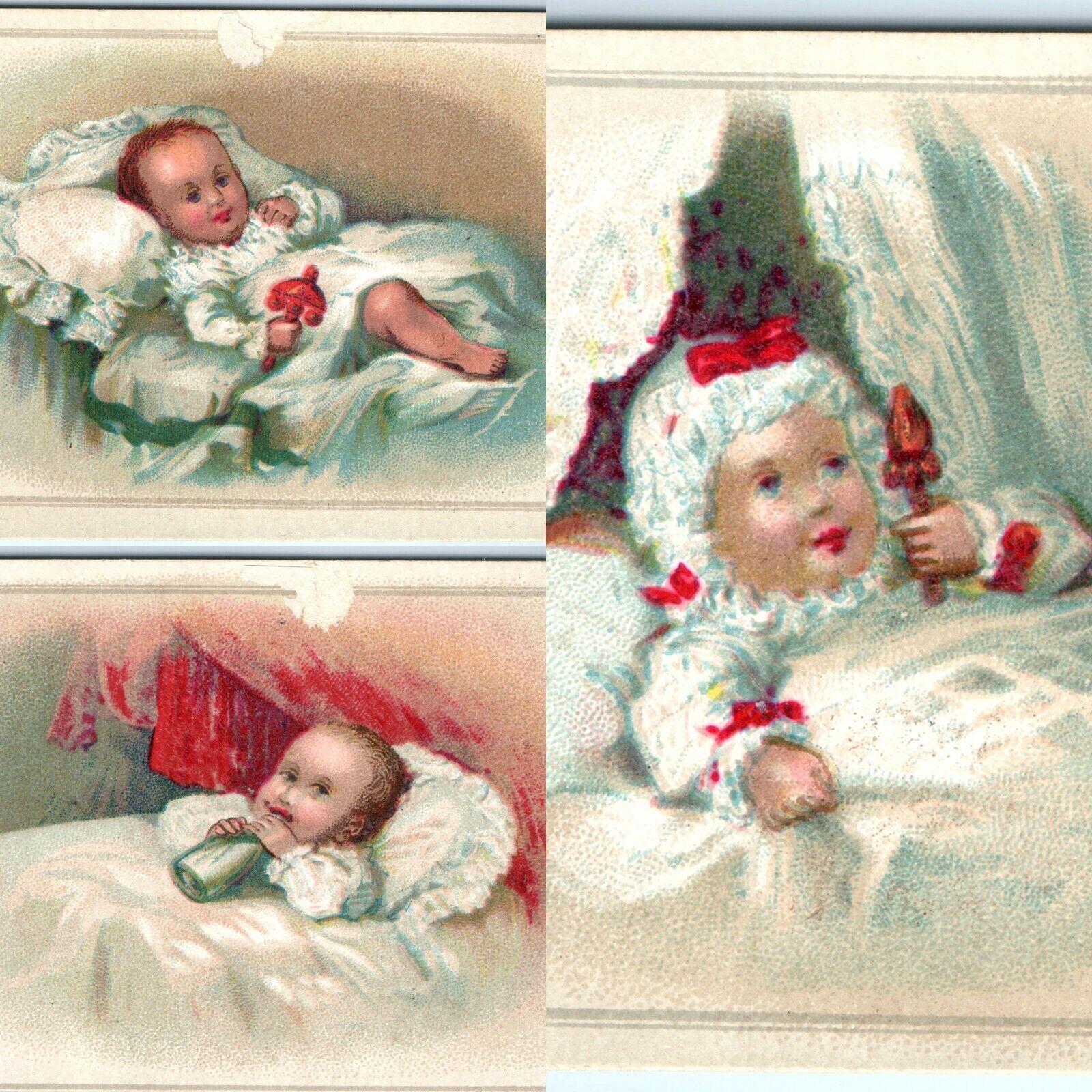 x3 SET c1880s Cute Baby Sleeping in Bed Stock Trade Cards Bottle Toy Child C30