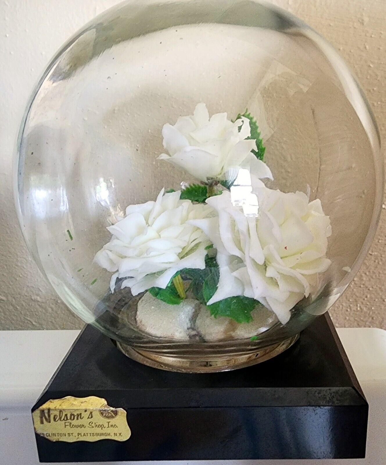 Vintage Glass Globe & Black Plastic Base Bowl O’ Beauty Co. 7” Faux White Flower