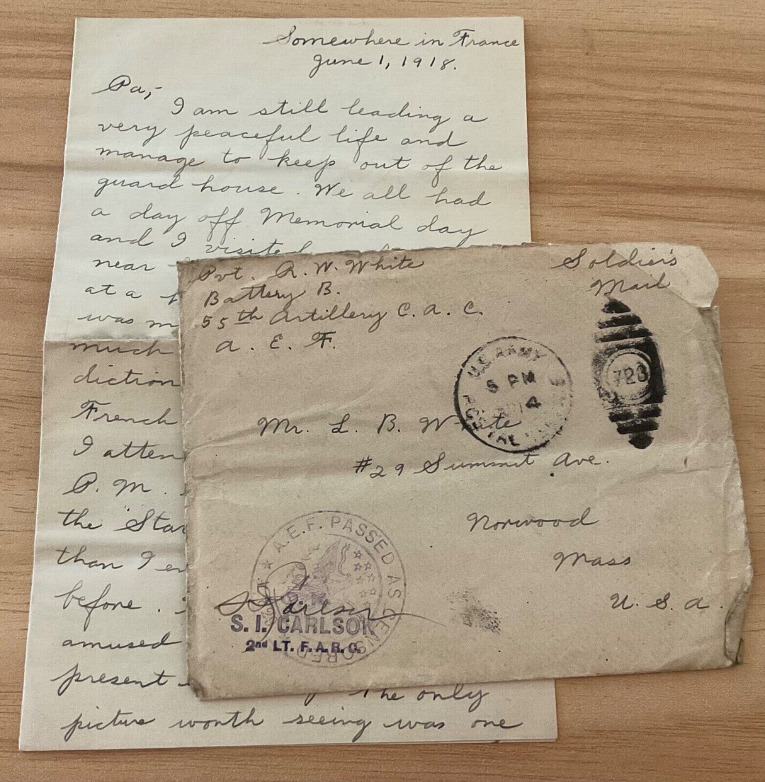 WWI AEF letter Batt B 55th Art. C.A.C, paid in francs, keeping out guard house.