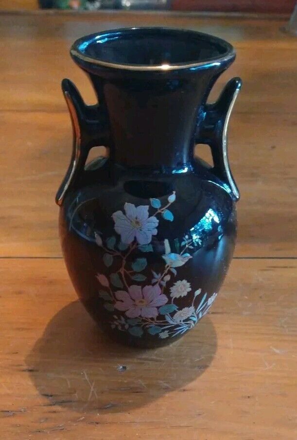 Japanese Porcelain Black Vase Flower\'s Black Gold Handles 5 Inch