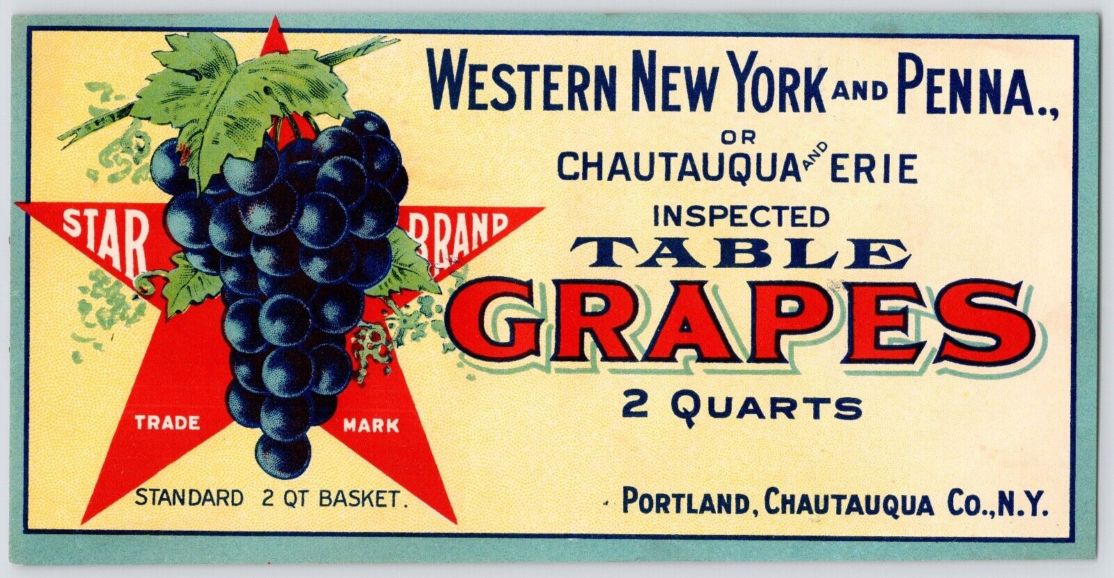c1900s~Grapes Crate Label~Star Brand~Portland New York NY~Vintage Advertising