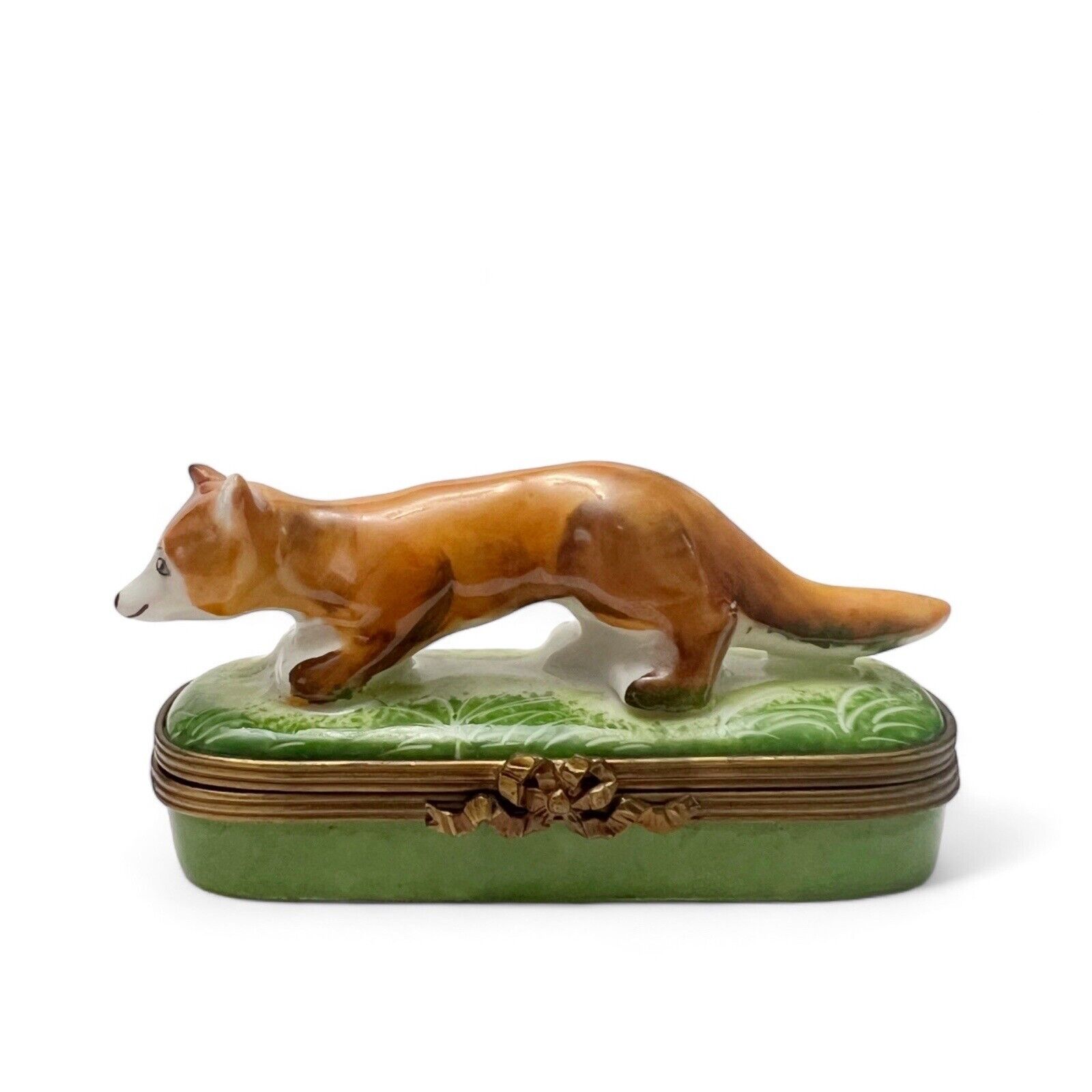 Vintage Eximious Limoges Peint Main Fox on Grass Trinket Box With Ribbon Clasp