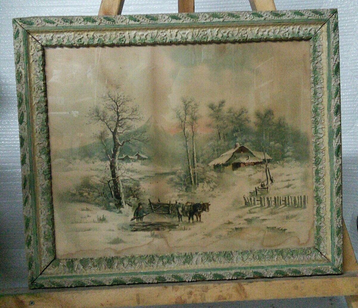 Vtg 1895 Victorian Ornate Green Wood Chalk Framed Hoover Print Winter Cabin
