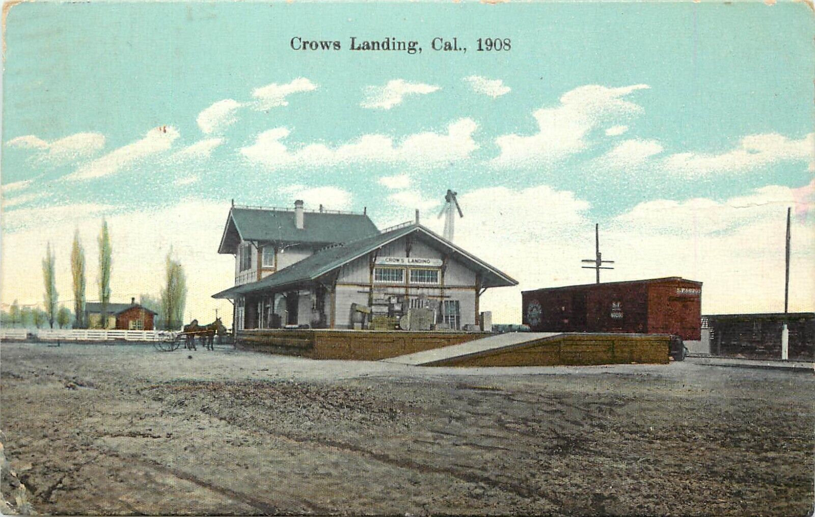 c1908 Postcard Crows Landing CA RR Depot San Joaquin Valley Stanislaus County