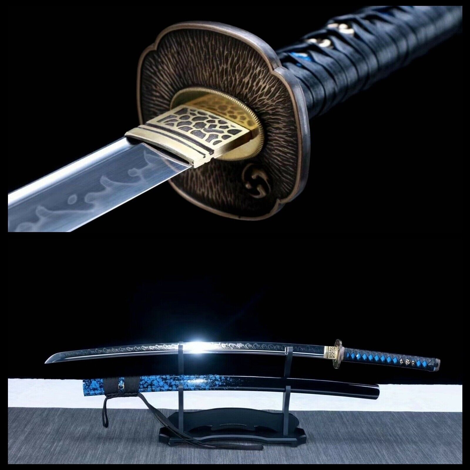 Blue Clay Tempered t10 Steel katana samurai sword Full Tang Handmade Blade