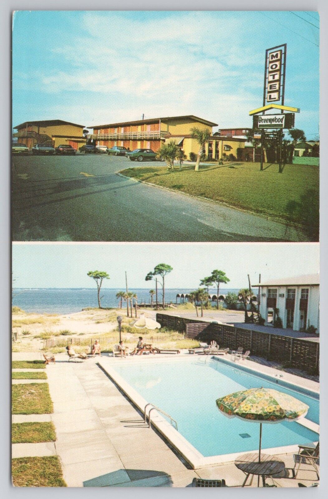 Postcard Glenwood Motel Fort Walton Beach Florida FL Pool Cars Split View